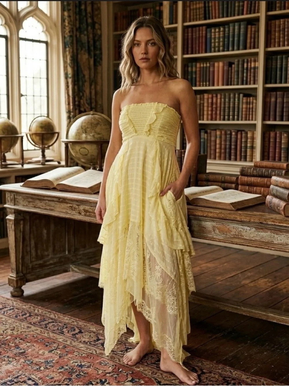 Free People Bliss Lace Kerchief Hem Strapless Maxi Dress Yellow Size Large - Picture 2 of 16